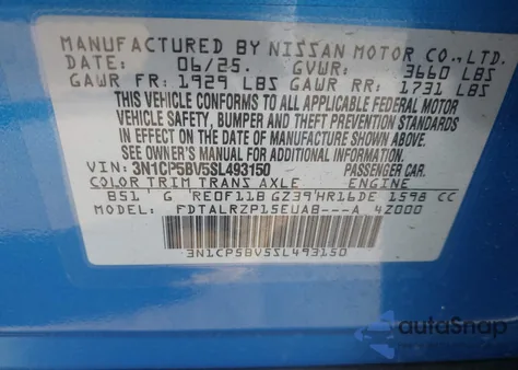 2025 Nissan Kicks Play S z USA, uszkodzony, nr VIN 3N1CP5BV5SL493150